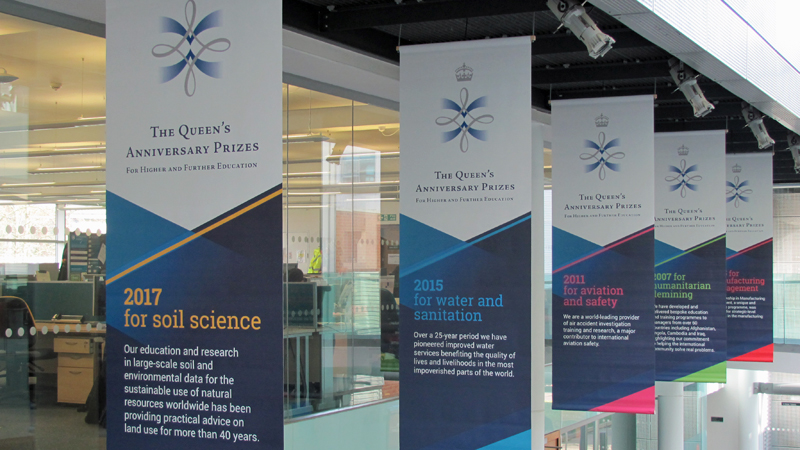 Five banners in the Vincent foyer