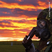 Army man on radio sunset