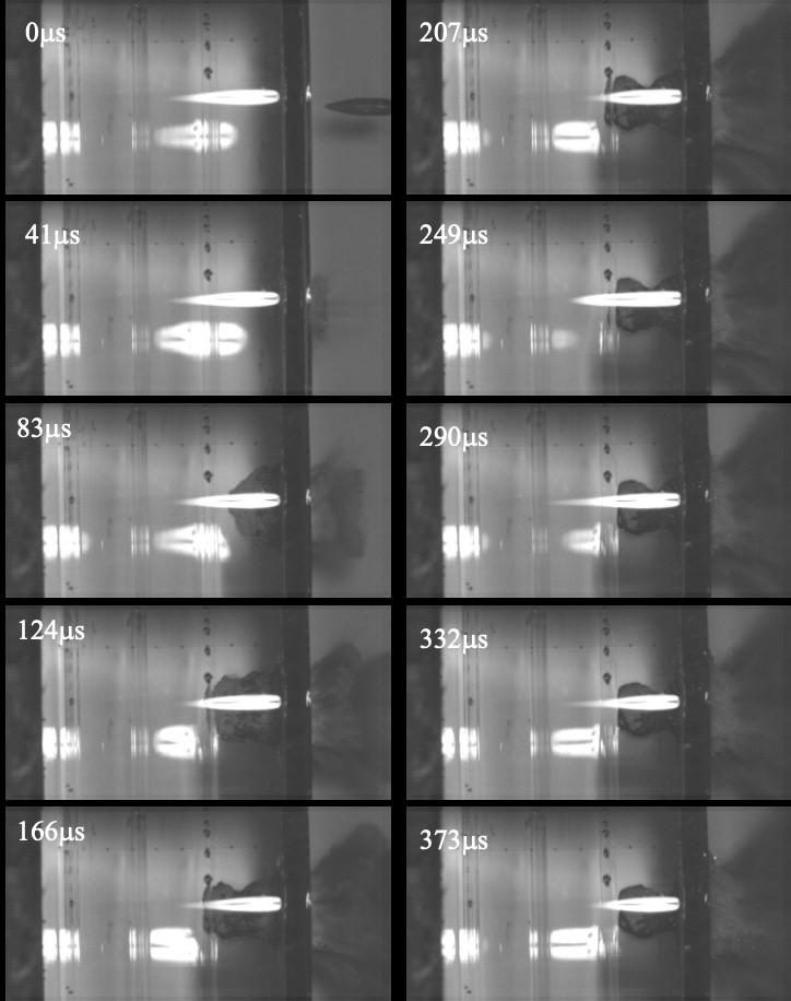 7.62-mm round impacting a transparent armour target 