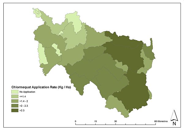 CatchIS: The predicted application rate (kg/ha) of Chlormequat on Wheat. Copyright © ADAS UK LTD
