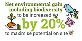 Net environmental gain including biodiversity to be increased by 20% to maximise potential on site