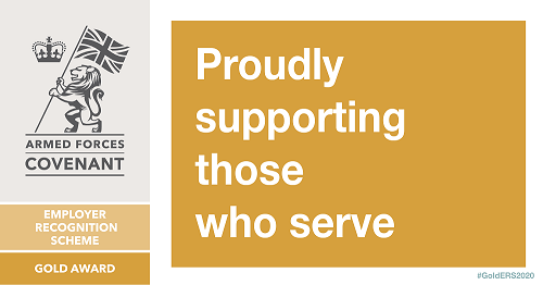 Logo: Armed Forces Covenant Employer Recognition Scheme Gold Award - Proudly supporting those who serve