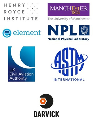 Logos: Henry Royce Institute, Manchester University, Element, NPL, UK Civil Aviation Authority, ASTM International, Darvick