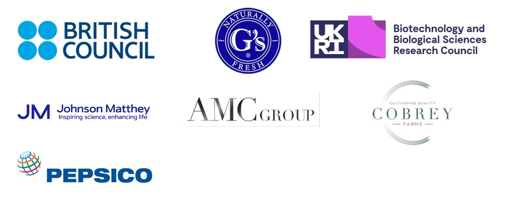 Logos: British Council, G's Naturally Fresh, UKRI Biotechnology and Biological Sciences Research Council, Johnson Matthey, AMC Group, Cobrey Farms, Pepsico