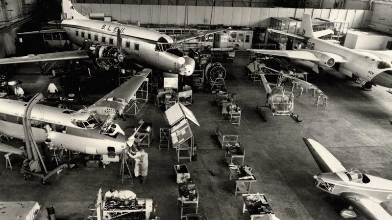 A dated photograph of Cranfield’s aircraft hangar