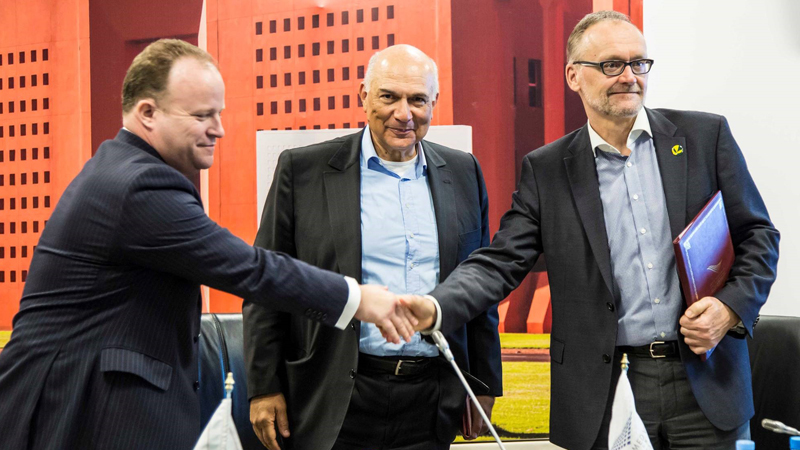 Professor Leon Terry with Hicham El Habti, Secretary General of Mohammed VI Polytechnic University and Professor Achim Doberman, Director and Chief Executive of Rothamsted Research