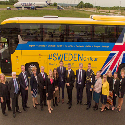 Swedish Ambassador to the United Kingdom, Torjörn Sohlström, with senior representatives of Cranfield University and Saab