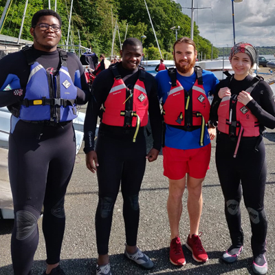 The team preparing for kayaking