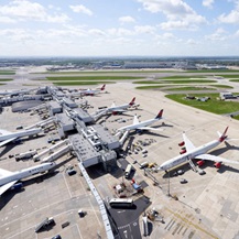 Planes on runway at Heathrow Airport