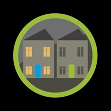 A logo with a black background with two grey houses between a green circle. 