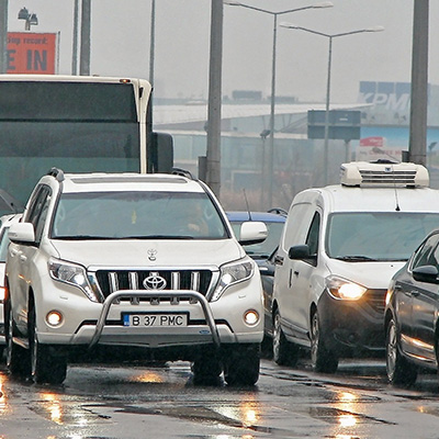 Traffic stopped at a red light. 