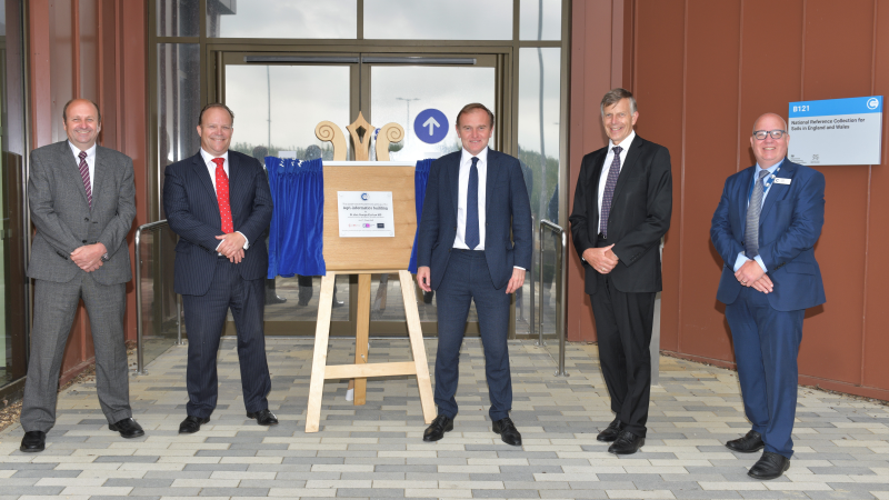 Dave Ross, Leon Terry, George Eustice, Sir Peter Gregson and Simon Pollard outside the agri-informatics facility