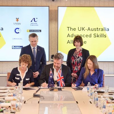 Curtin University Deputy Vice-Chancellor Research Prof. Melinda Fitzgerald, Federal Education Minister Jason Clare, UNSW Vice-Chancellor and President Prof. Attila Brungs, UK Education Secretary Bridget Phillipson and Adelaide University Deputy Vice-Chancellor External Engagement Prof. Jessica Gallagher.