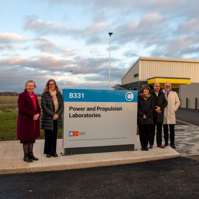 Professor Dame Helen Atkinson, Councillor Sue Clark, Professor Dame Karen Holford, Professor Vassilios Pachidis, and Sir Andrew Haines stand outside the new labs