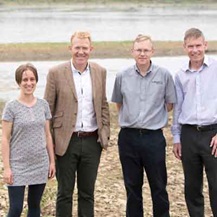 •	Left to right: Dr Monica Rivas Casado (Cranfield University), Countryfile’s Adam Henson, Phil Bowsher (The Parks Trust) and David Weeks (Hanson UK) at the Floodplain Forest Nature Reserve official launch.