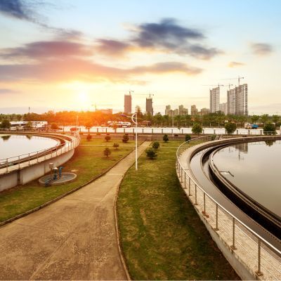 Water treatment plant at sunset