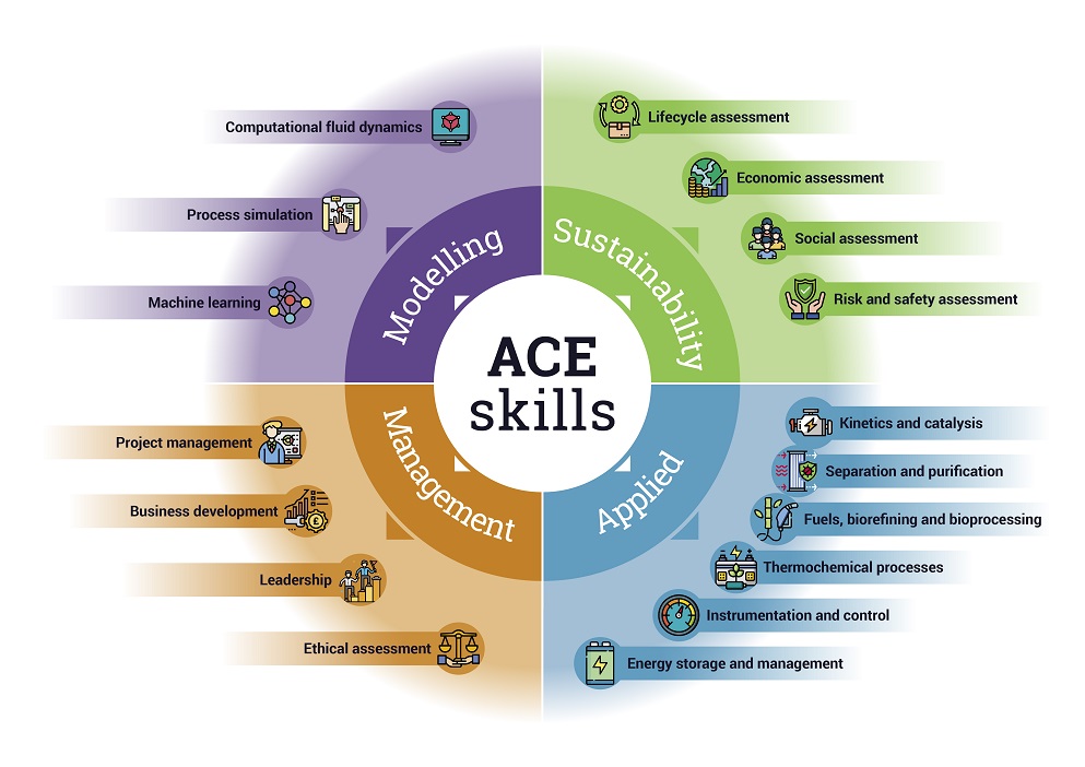 Infographic displaying the skills learned on the ACE MSc