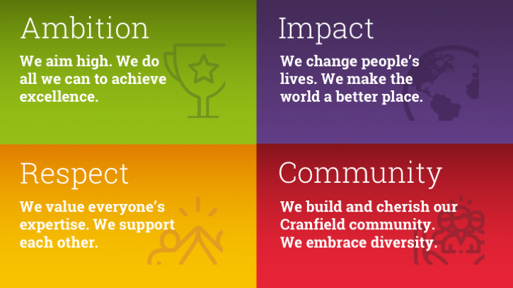 Infographic showing Cranfield's four core values